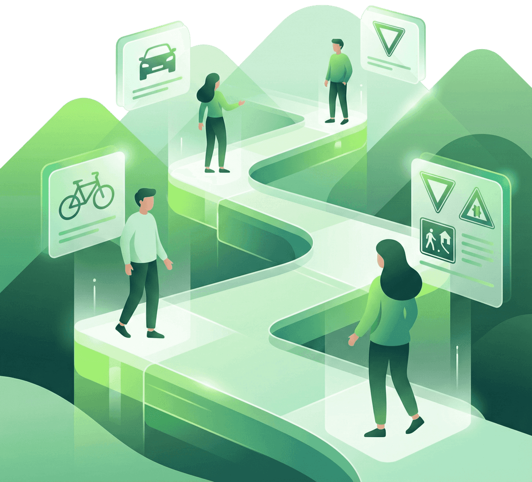 a modern, dynamic vector illustration of a learner sitting at a desk using a laptop, with floating simplified Dutch road signs, a car silhouette, and a bicycle lane icon around them.