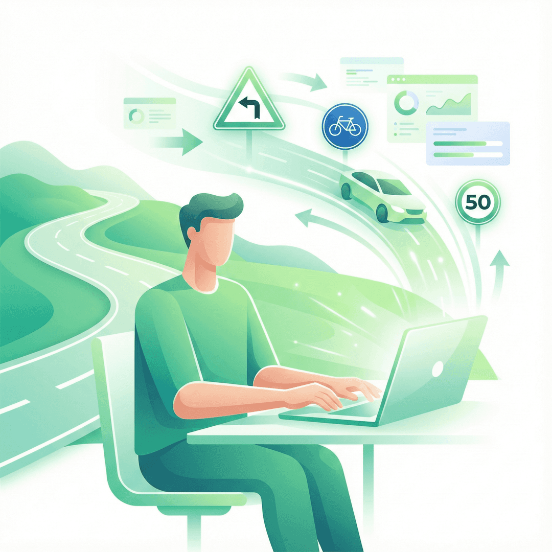 a modern, dynamic vector illustration of a learner sitting at a desk using a laptop, with floating simplified Dutch road signs, a car silhouette, and a bicycle lane icon around them.